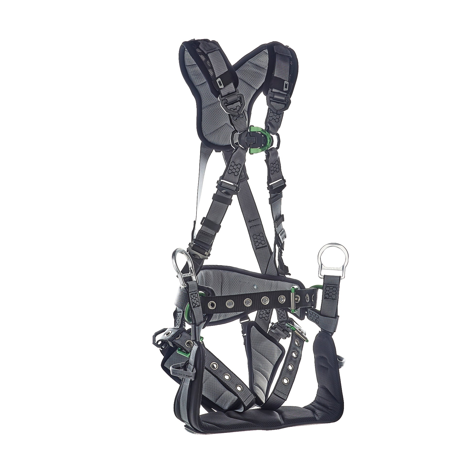 MSA V-FIT Tower Harness w/Back, Front & Side D-Rings - Tongue Buckle Leg and Belt Straps - Shoulder & Leg Padding - Extra Small - 10218041