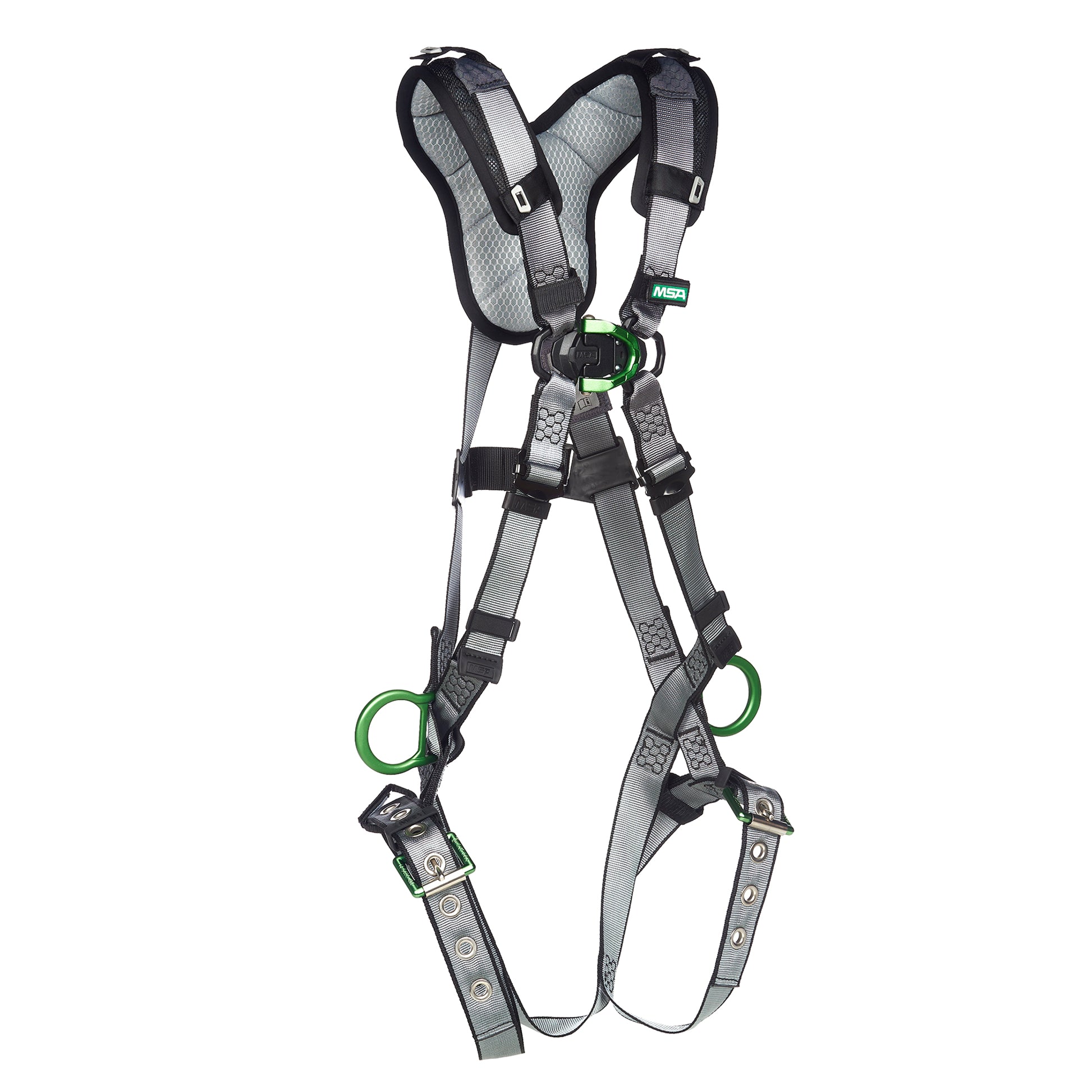 MSA V-FIT Harness w/Back, Front & Side D-Rings - Tongue Buckle Leg Straps - Shoulder Padding - Extra Small - 10194896