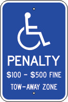 PICTO PENALTY $100 - $500 FINE TOW-AWAY ZONE - HANDICAPPED PARKING SIGN