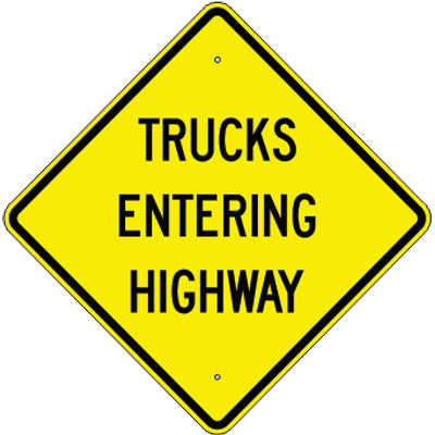TRUCKS ENTERING HIGHWAY - WARNING TRAFFIC SIGN - TRUCKS ENTERING HIGHWAY - WARNING TRAFFIC SIGN, 36” DIA, Aluminum (.080) EGP Reflective
