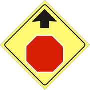 STOP AHEAD SYMBOL WITH UP ARROW DIAMOND - WARNING TRAFFIC SIGN - STOP AHEAD SYMBOL WITH UP ARROW DIAMOND - WARNING TRAFFIC SIGN, 36” DIA, Aluminum (.080) HIP Reflective
