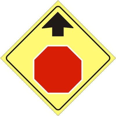 STOP AHEAD SYMBOL WITH UP ARROW DIAMOND - WARNING TRAFFIC SIGN