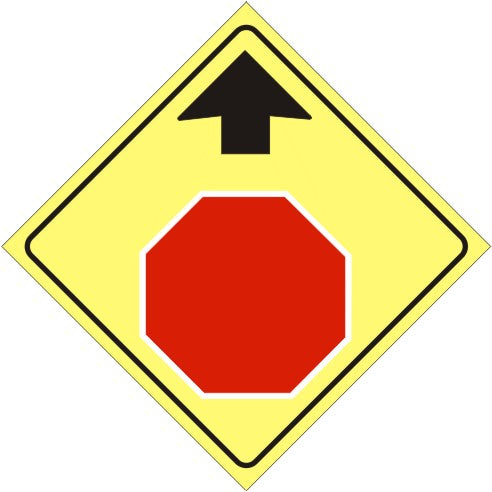 STOP AHEAD SYMBOL WITH UP ARROW DIAMOND - WARNING TRAFFIC SIGN - STOP AHEAD SYMBOL WITH UP ARROW DIAMOND - WARNING TRAFFIC SIGN, 36” DIA, Aluminum (.080) HIP Reflective