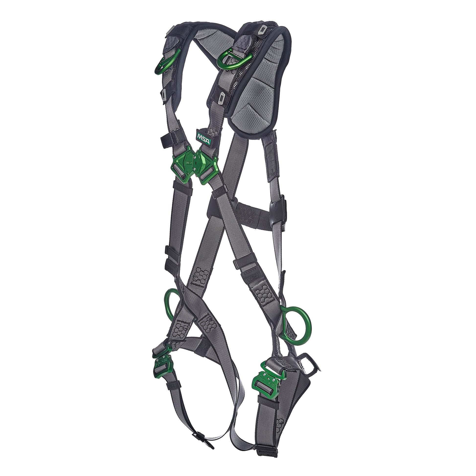 MSA V-FIT Harness w/Back, Side and Shoulder D-Rings - Quick-Connect Leg Straps - Shoulder Padding - Extra Large - 10194886