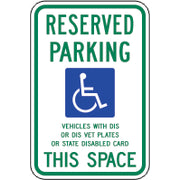 RESERVED PARKING PICTO VEHICLES WITH DIS OR DIS VET PLATES - HANDICAPPED PARKING SIGN - RESERVED PARKING PICTO VEHICLES WITH DIS OR DIS VET PLATES - HANDICAPPED PARKING SIGN, 18X12, Aluminum (.080) EGP Reflective
