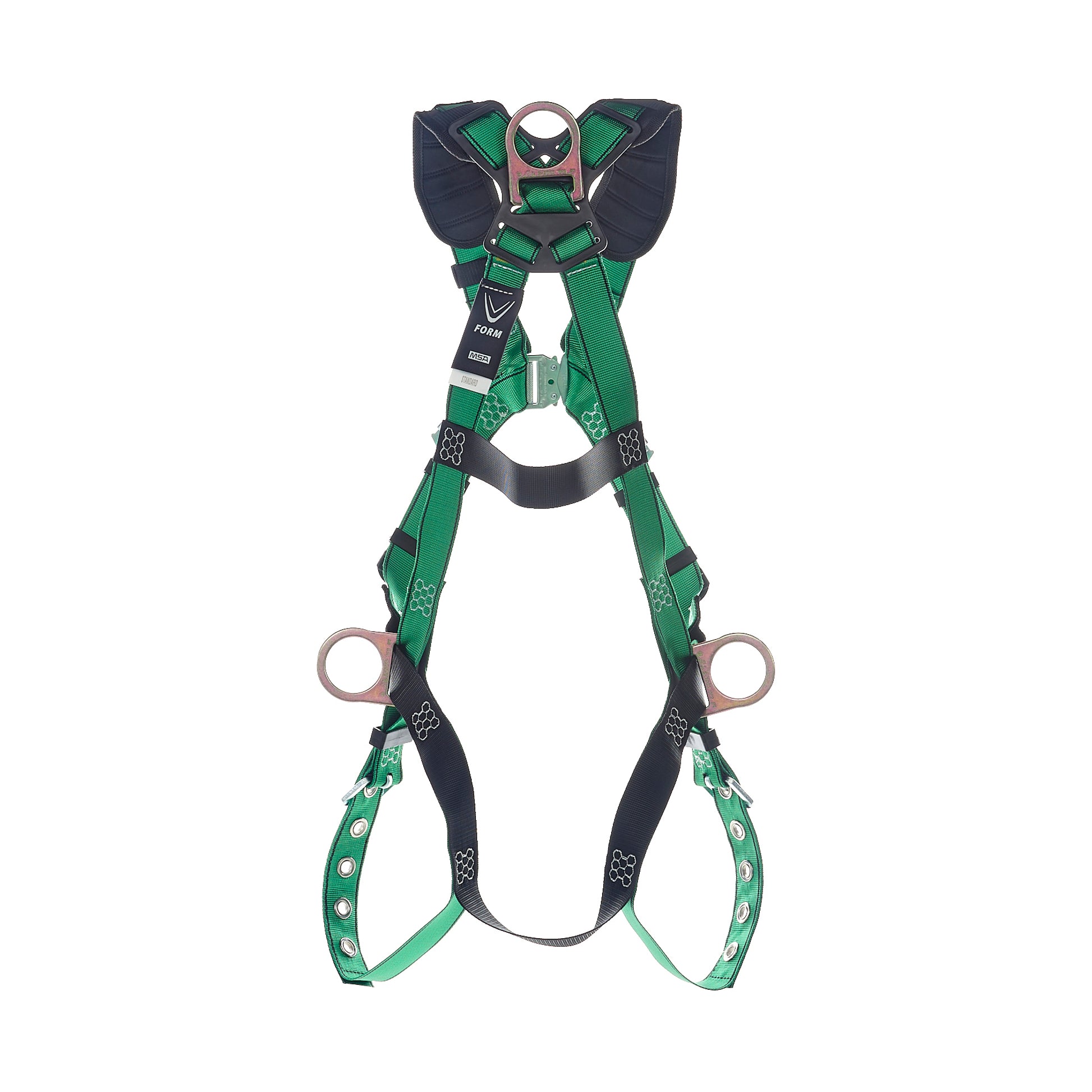MSA V-FORM Harness w/Back, Front, Side & Shoulder D-Rings - Tongue Buckle Leg Straps Quick Connect Chest Buckle - Super Extra Large - 10206076