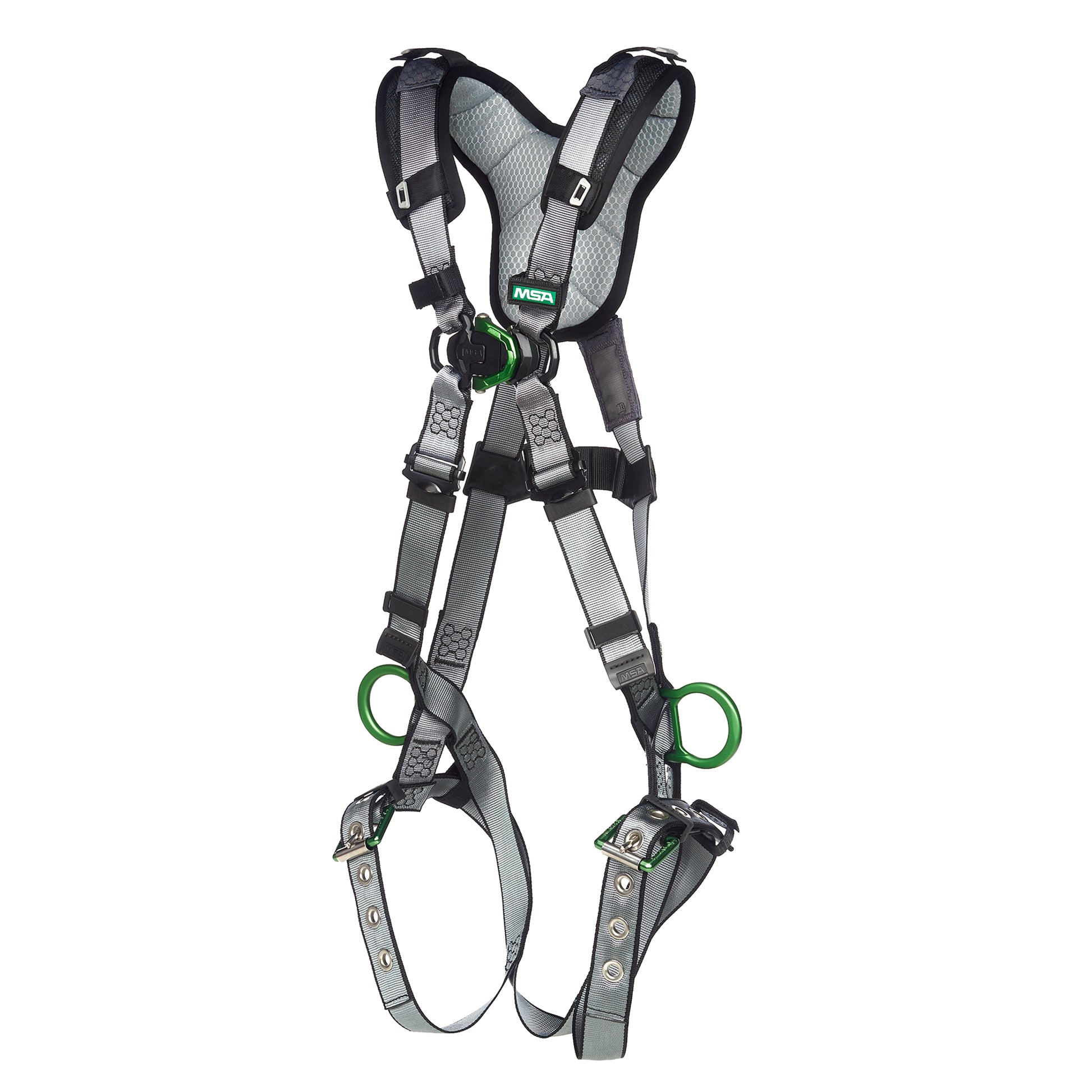 MSA V-FIT Harness w/Back, Front & Side D-Rings - Tongue Buckle Leg Straps - Shoulder Padding - Extra Small - 10194896